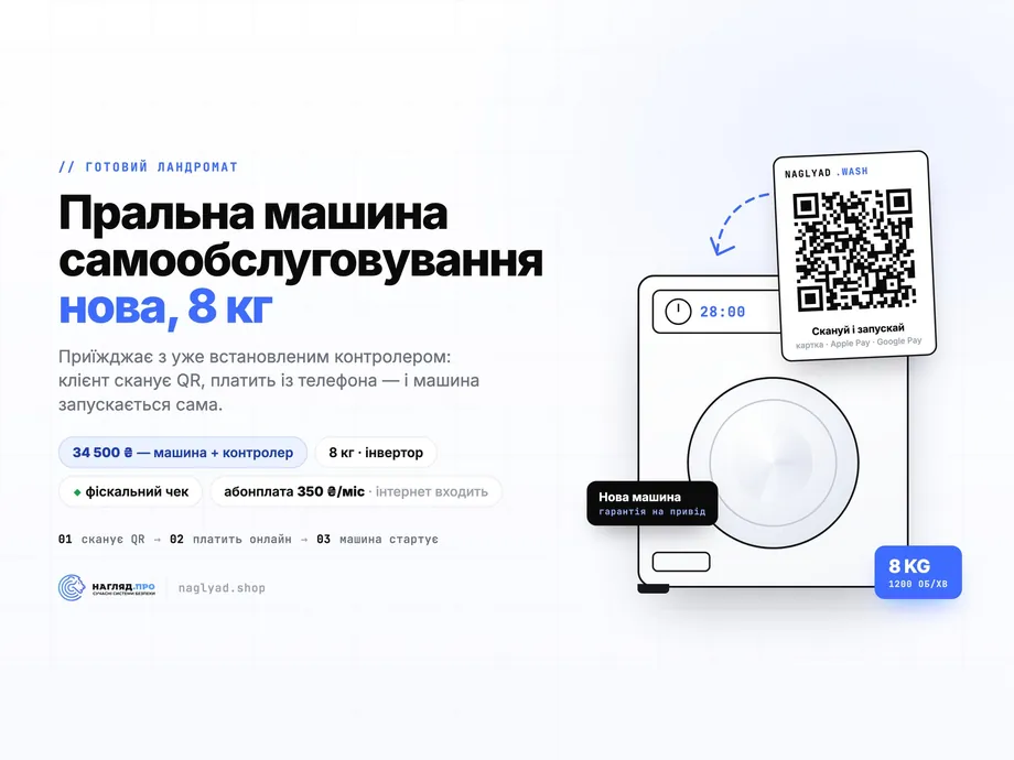 Ландромат — пральна машина самообслуговування з QR-оплатою (нова, 8 кг)