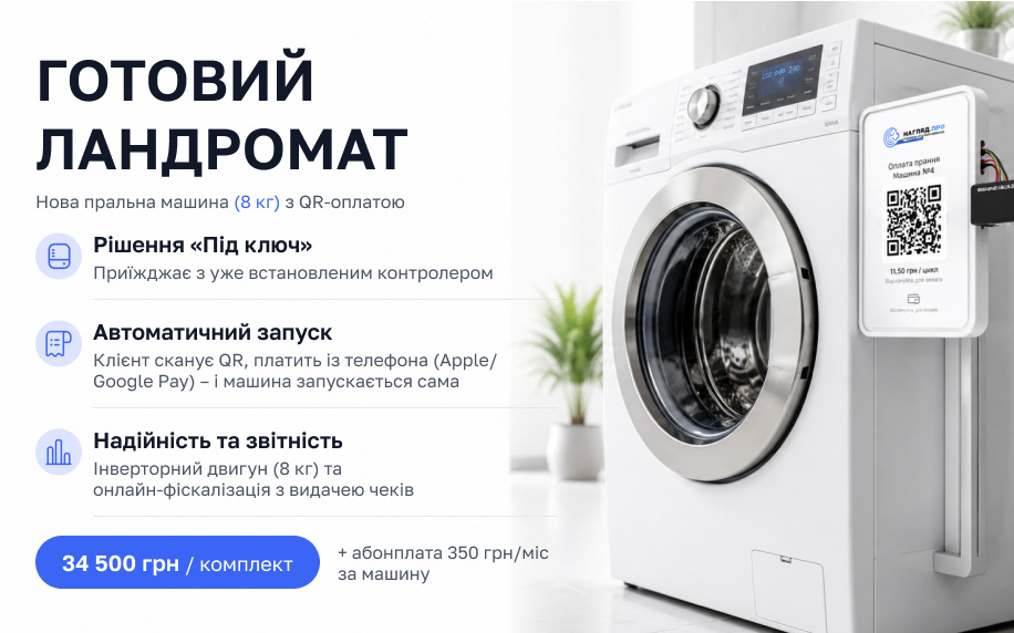 Готовий ландромат — нова пральна машина 8 кг з QR-оплатою, 34 500 грн за комплект