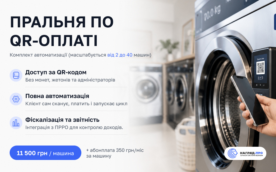 Пральня по QR-оплаті — комплект автоматизації, масштабується від 2 до 40 машин
